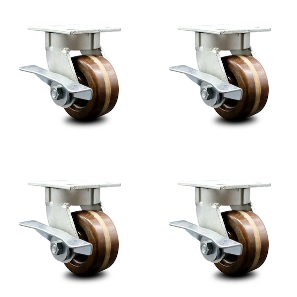 4 Inch Kingpinless High Temp Phenolic Wheel Swivel Caster Set with Brakes SCC